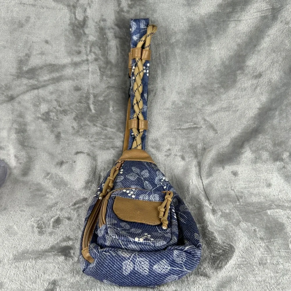 Rope‎ Bag Sling Backpack Blue Denim Botanical Leaf Print Adjustable Strap